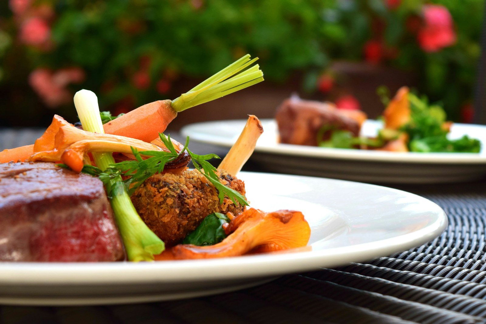 Grilled steak served with vegetables